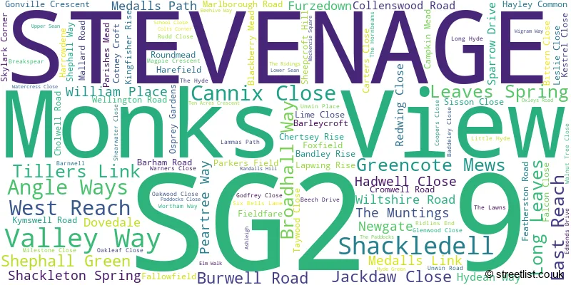 A word cloud for the SG2 9 postcode
